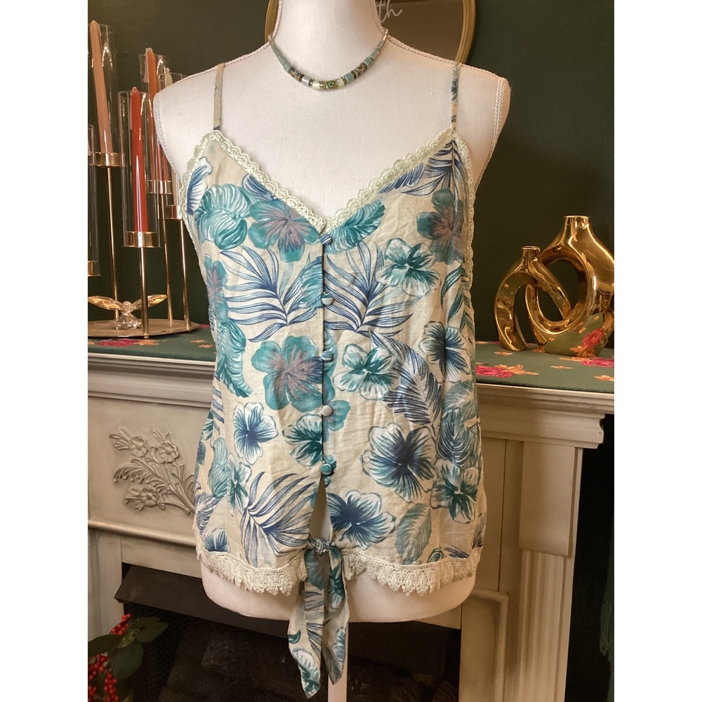 Miss Me Camisole Top Women Small Blue Tropical Floral NWT Lace Trim Tie Front